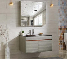 Lade das Bild in den Galerie-Viewer, Modern Wall-Mounted Bathroom Vanity Set with Dual Mirror Cabinet, Black Basin Sink, and Sleek Gray Wood Finish with Contemporary Floating Cabinet with Storage Drawers and Chrome Faucet