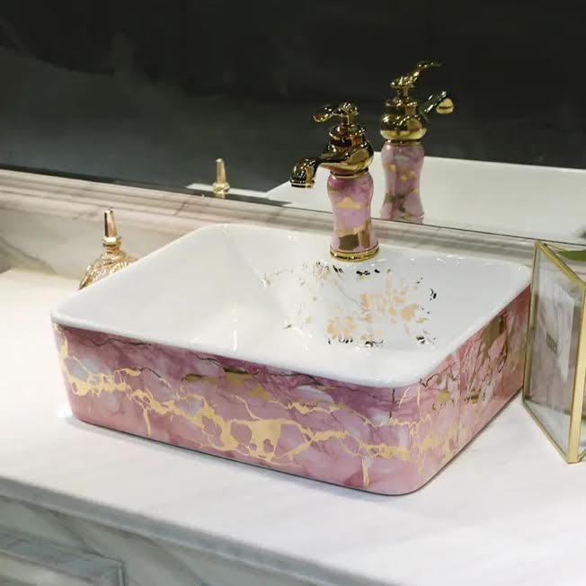 Basin Pink and White Rectangular Shaped Electroplated Porcelain