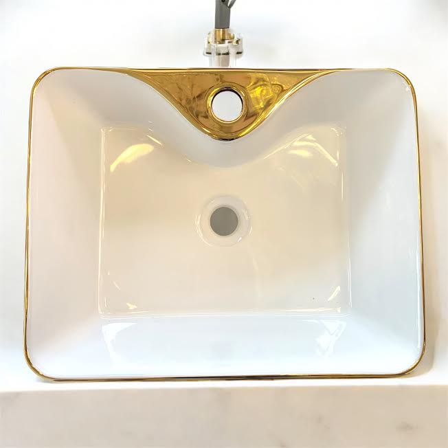 Gucci Rectangular Porcelain Tabletop Wash Basin with Gleaming Gold Finish