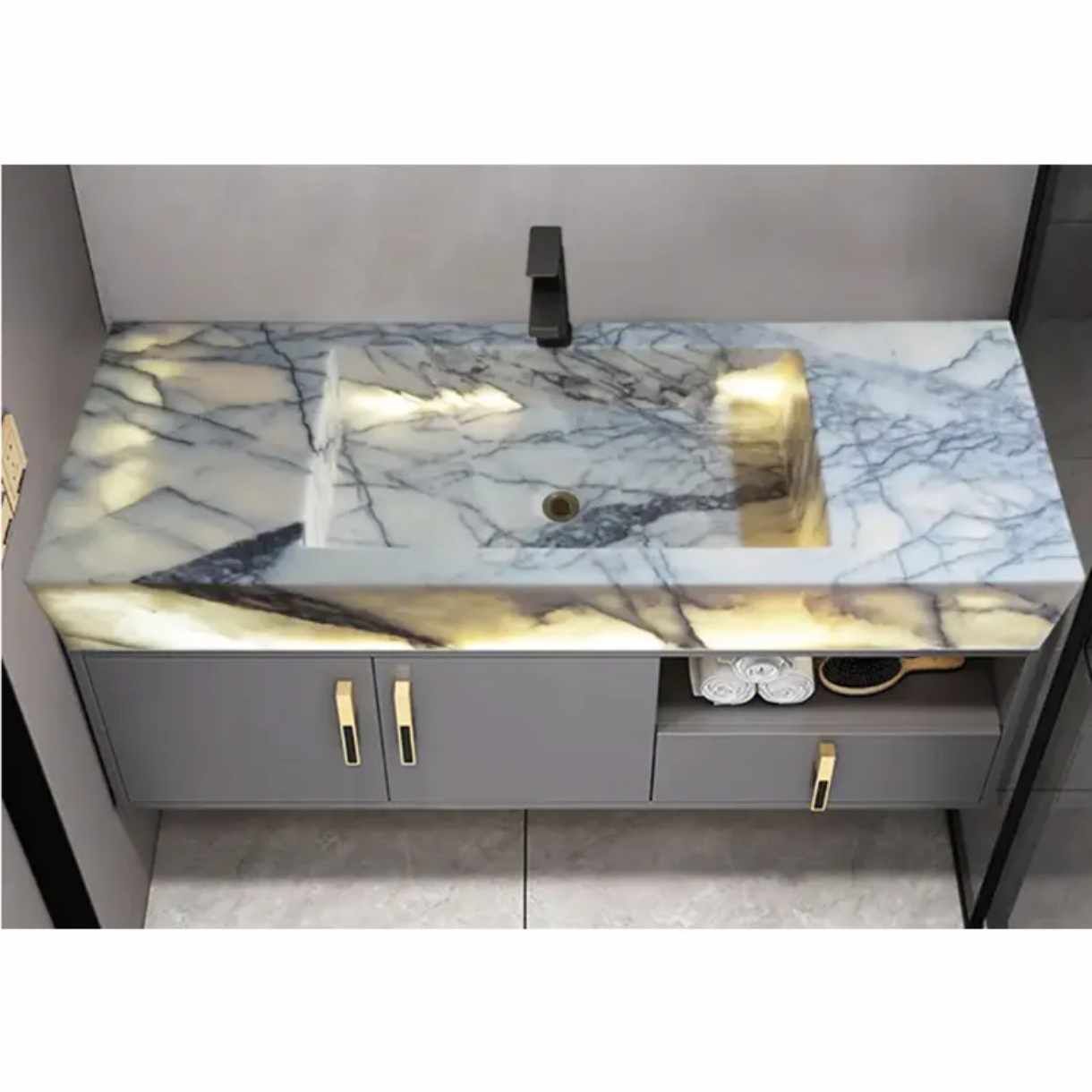 Customizable Onyx Stone Installation with Integrated LED Lighting – Available as Hanging Feature or with Cabinet Set for Elegant Interior Accents