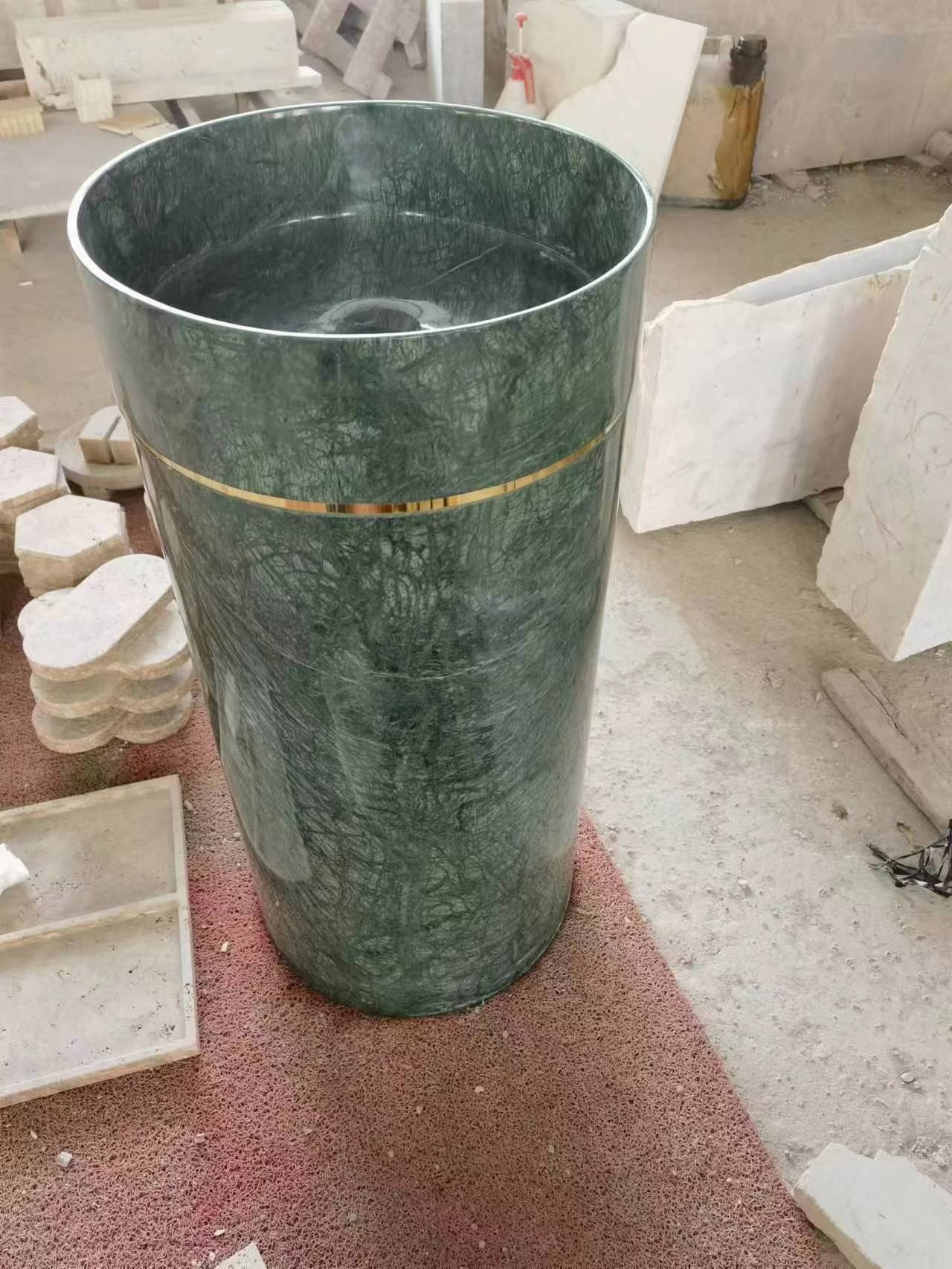 Luxury Green Stone Pedestal Sink with Golden Stainless Steel Ring – Designer Freestanding Basin