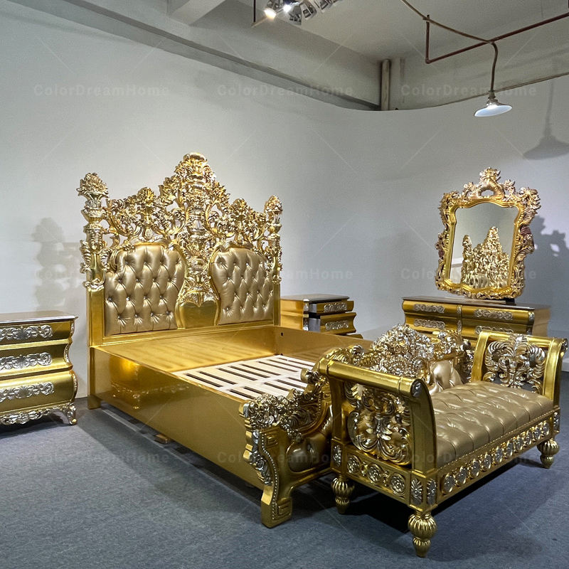 Custom Victorian Rococo Bedroom Set – Luxury Gold King Size Leather Bed with Elegant Classic Design