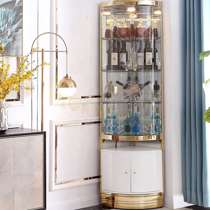Side Corner Office Wine Cabinet White and Gold with Led Light Stainless Steel Electroplated Display Furniture
