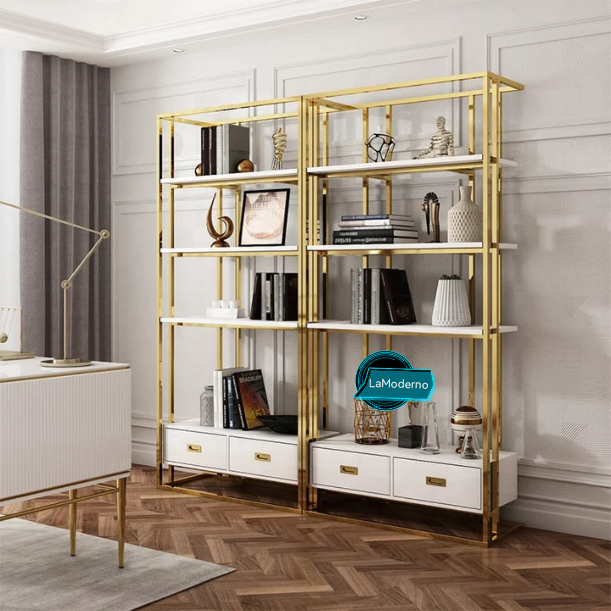 Office Bookshelves Wine Cabinet Display Rack Electroplated Stainless Steel White and Gold