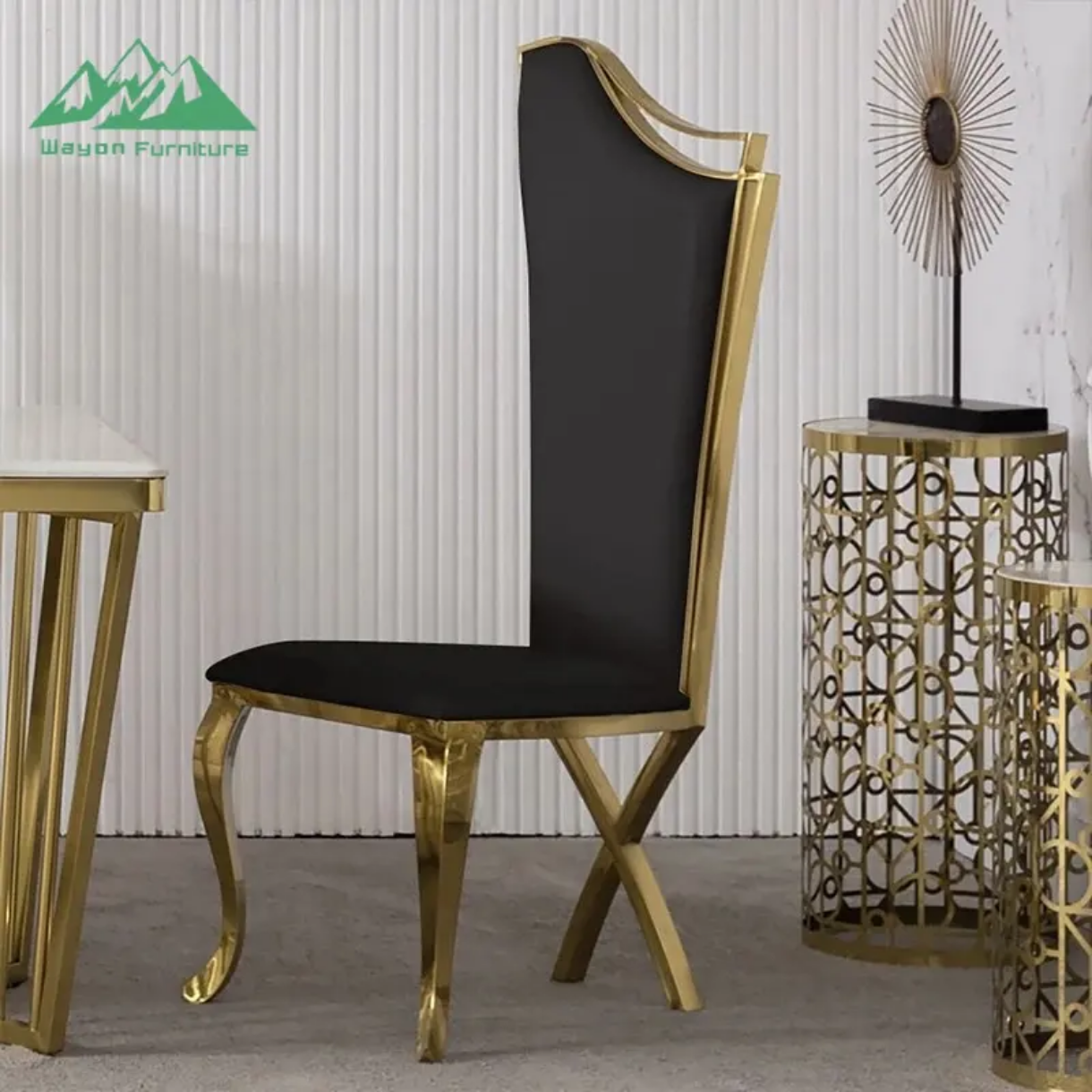 Dining Chair Black Gold Medusa Stainlesss steel Electroplated Leather