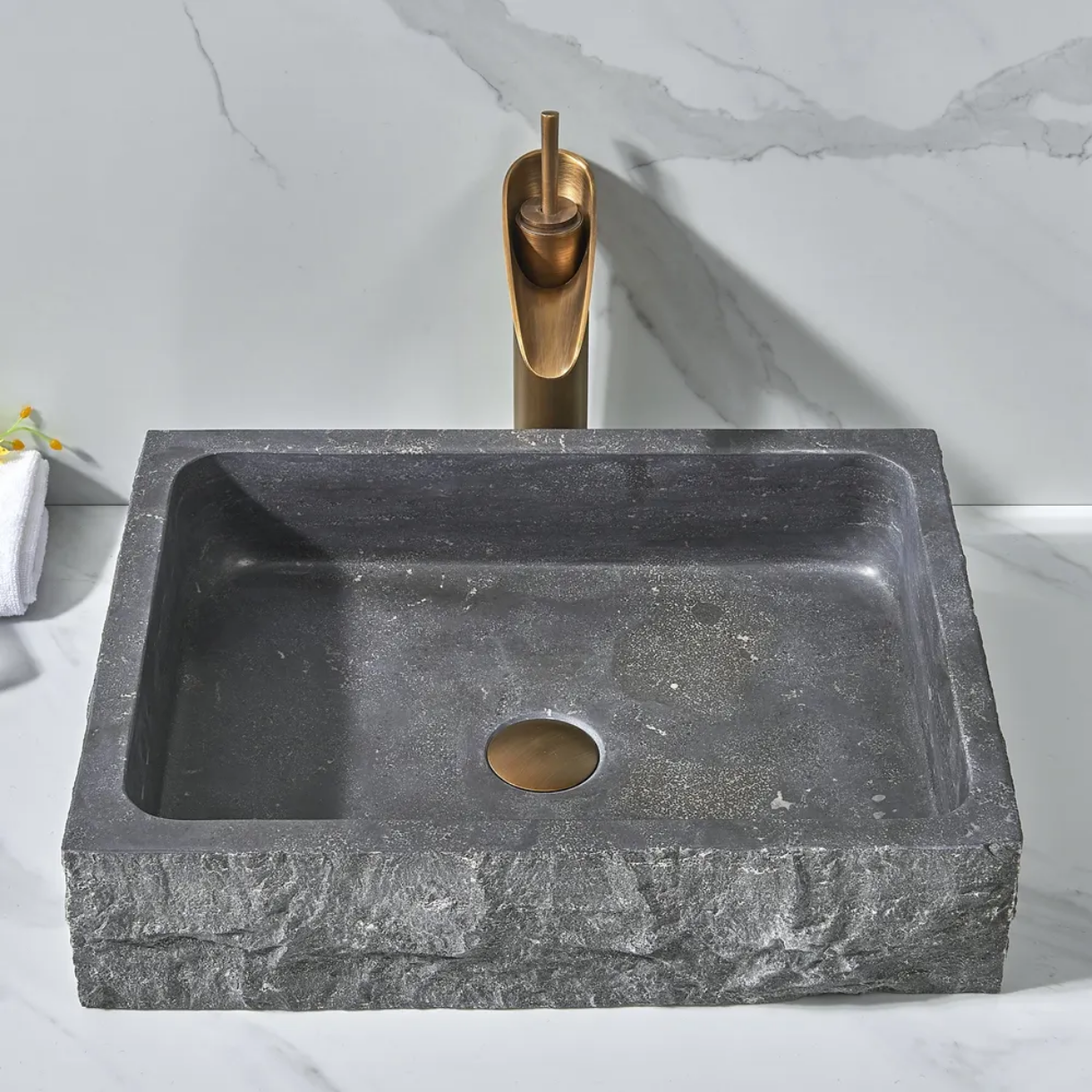 Rectangular Countertop Basin Natural Marble Stone Modern Edition