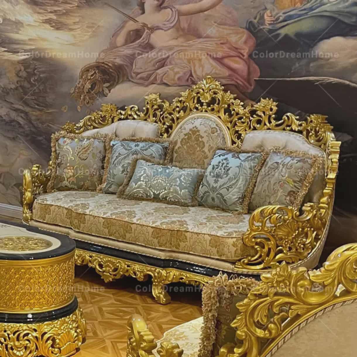 European Luxury Solid Wood Carved Sofa – Golden Royal Classic Fabric Sofa for Villa & Living Room Furniture