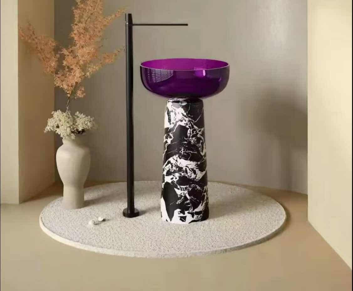 Violet Transparent Resin Freestanding Basin with Marble Legs – Luxury Modern Bathroom Sink