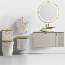Load image into Gallery viewer, Luxury Square White & Gold One-Piece Toilet with Matching Wall-Hung Basin – Modern Porcelain Bathroom Commode