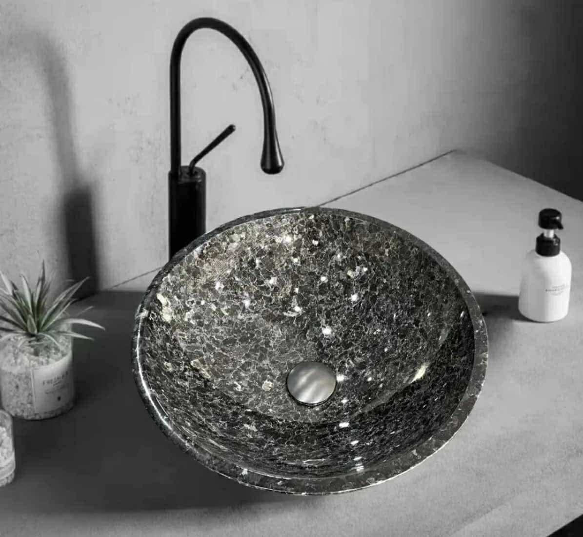 Black Marble Bathroom Sink with White Dots – Round Countertop Stone Wash Basin, Luxury Vessel Sink for Modern Bathrooms