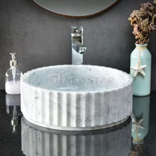 Load image into Gallery viewer, Natural Carrara White Marble Round Bowl Sink – Fluted Countertop Bathroom Basin