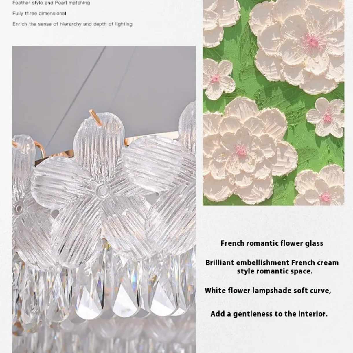 French Style Flower Crystal Chandelier Luxury Glass Pendant Light 100cm
