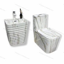 Load image into Gallery viewer, Porcelain Marble Design One Piece Toilets Bathroom Set with Wall Hung Basin Sink Rock Ceramic Toilet Set