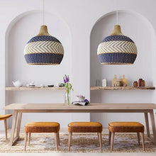 Load image into Gallery viewer, Rattan Hand-Woven Ceiling Pendant Light – Blue & White Lampshade for Modern Home Décor & Chandelier Lighting