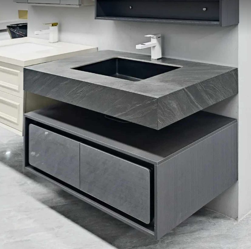 Modern Grey Wall Mounted Bathroom Vanity with Rectangular Sink and Storage Cabinet