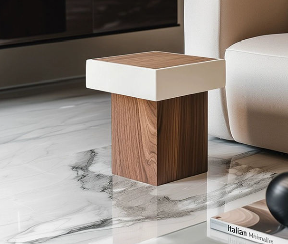 Italian Walnut Side Table – Luxury Wooden Square Corner Table for Living Room & Hotel Bedroom Furniture
