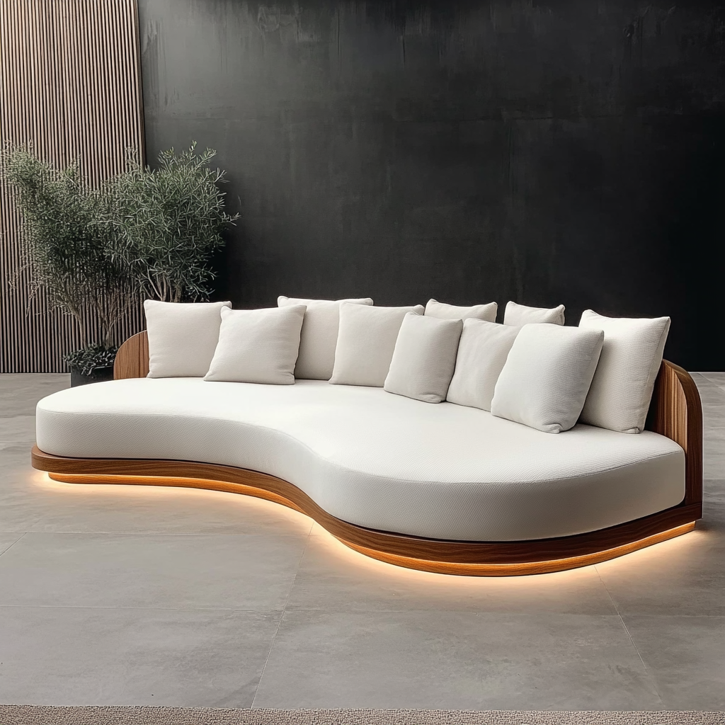 Modern White Loveseat Sofa – Double Seat Wooden Frame with Moon Circle Design and Fabric Cushions (Customize Size-Message us for Pricing)