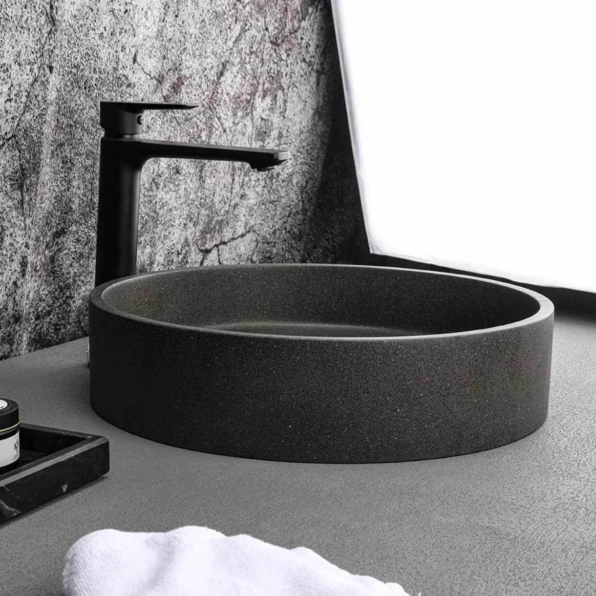 Modern Round Concrete Bathroom Sink – Black Countertop Cement Wash Basin Bowl