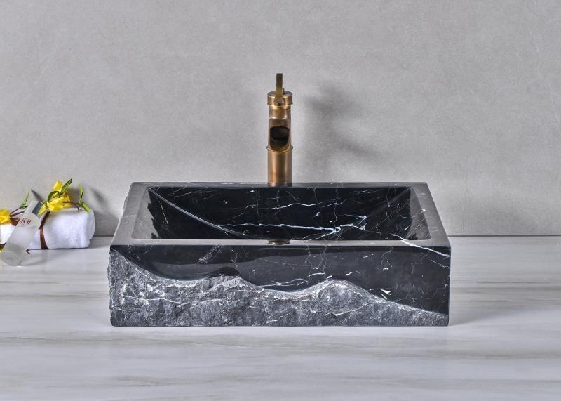 Modern Rectangular Bathroom Sink – Natural Nero Marquina Marble Stone Wash Basin