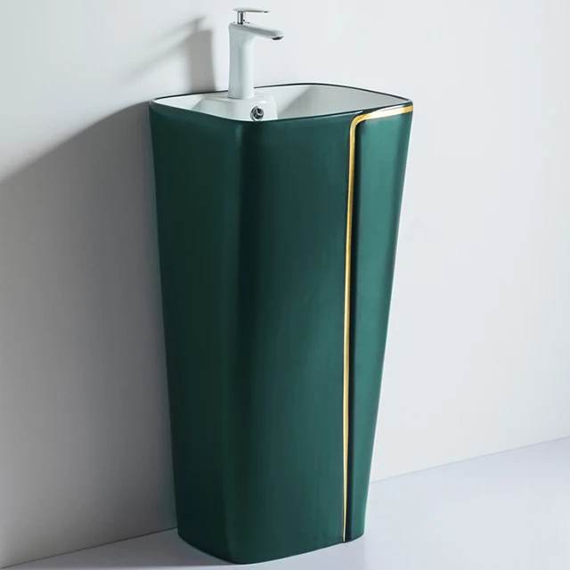 Luxury Green Porcelain Stand-Alone Basin – Square Freestanding Bathroom Sink with Elegant Gold Lining