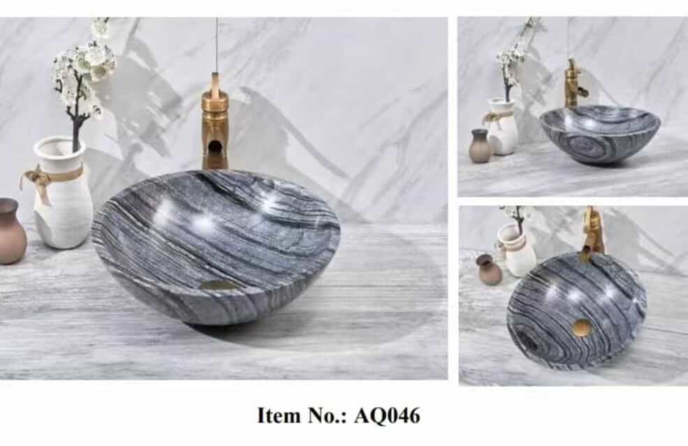 Polished Black Marble Bathroom Sink – Round Natural Stone Vanity Hand Basin