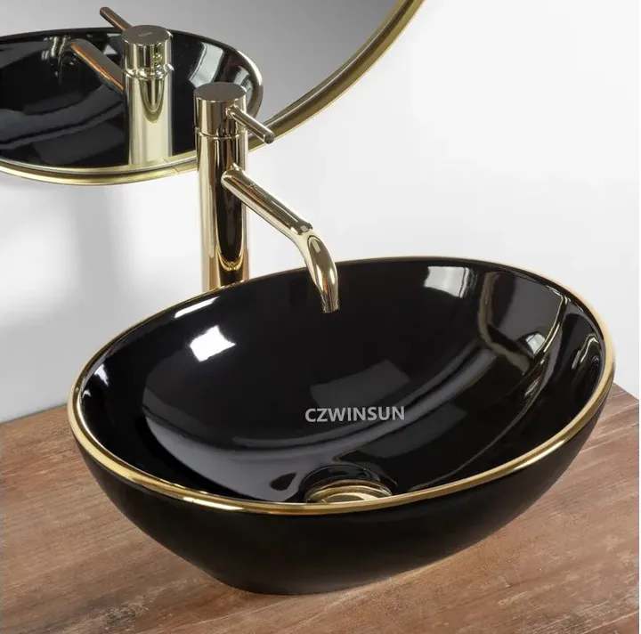Black Gold Wash Basin Oval Modern Bathroom Gold Colored Porcelain Tabletop Sink