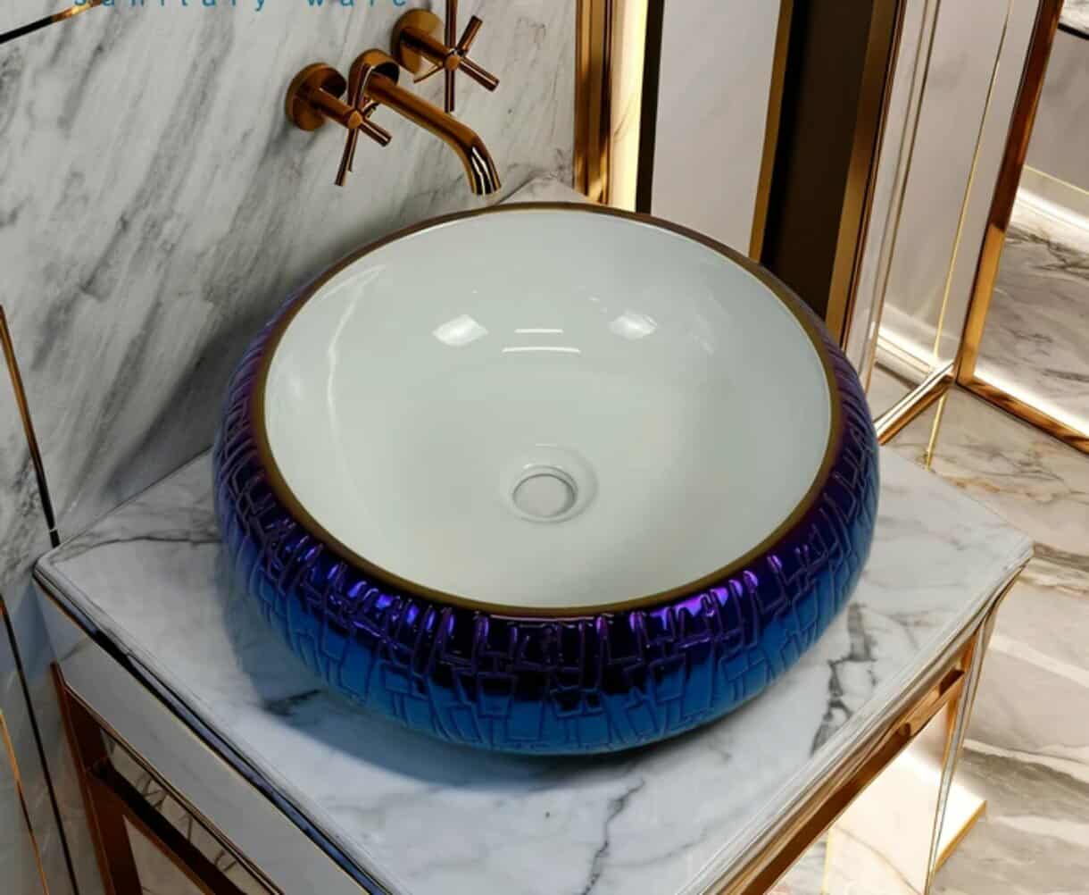 High-Quality Luxury Round Blue Electroplated Porcelain Countertop Sink – Artistic Bathroom Basin for Home and Hotel