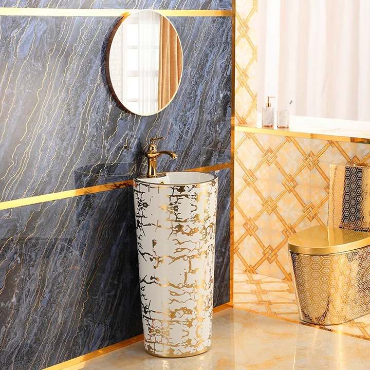White and Gold Stand Alone Luxury Modern Style Gold Pattern Pedestal Sink Bathroom Accessories