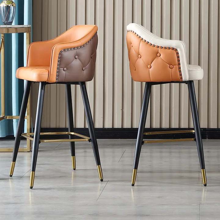 Modern Luxury Tufted Nailed leather Swivel Metal High Chair Bar Stool Chair For Bar Table With Back Rest