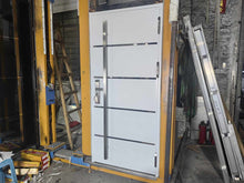 Load image into Gallery viewer, High-Security Modern White Metal Door with Stainless Steel Accents, Fireproof and Soundproof Core, Featuring Advanced Locking System for Residential and Commercial Use and Also hotels.