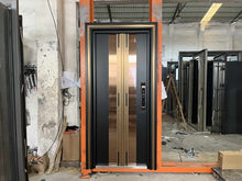 Load image into Gallery viewer, Modern Fireproof and Soundproof and Heavy-Duty Security Door with Dual-Layered Metal Construction, Gold and Black Finish, Reinforced Frame, and High-Quality Stainless Steel Handles for Durability and Style