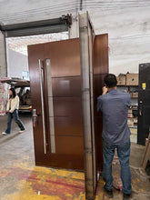 Load image into Gallery viewer, Contemporary Double Door Entrance with Solid Wood Finish, Frosted Glass Side Panels, Stainless Steel Vertical Handle, and High-Security Digital Lock System for Modern Homes