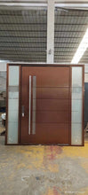 Load image into Gallery viewer, Contemporary Double Door Entrance with Solid Wood Finish, Frosted Glass Side Panels, Stainless Steel Vertical Handle, and High-Security Digital Lock System for Modern Homes