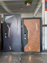 Load image into Gallery viewer, Ultra-Modern Geometric Smart Security Doors with Integrated LED Lighting, Featuring High-Quality Metal, Wood Veneer Finish, Advanced Locking System, Fireproof and Soundproof Design for Luxury Homes and Offices
