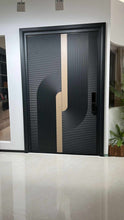 Load image into Gallery viewer, Modern Luxury Customize Main Door with Fingerprint Lock | High-Quality Metal Construction | Matte Black & Gold Finish | Textured Grooved Panel Design | Digital Smart Lock System | Contemporary Aesthetic