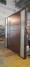 Load image into Gallery viewer, Contemporary Double Door Entrance with Solid Wood Finish, Frosted Glass Side Panels, Stainless Steel Vertical Handle, and High-Security Digital Lock System for Modern Homes