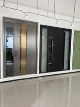 Load image into Gallery viewer, Luxury Modern Hotels Security Doors with Elegant Metal and Glass Panel Designs, Featuring Fireproof and Soundproof Materials, High-Grade Stainless Steel, Reinforced Aluminum Alloy, and Advanced Smart Lock Systems for Premium Home and Office Entrances
