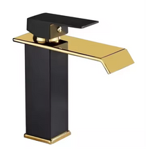 Загрузить изображение в средство просмотра галереи, Luxury Black and Gold Waterfall Bathroom Faucet with Wide Spout, Modern Single-Handle Design, Corrosion-Resistant Finish, and Smooth Water Flow for Elegant Décor