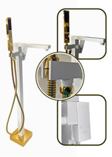 Load image into Gallery viewer, Luxurious White and Gold Freestanding Bathtub Faucet with Waterfall Spout and Handheld Shower for Modern Bathroom Elegance, Durability, and Style