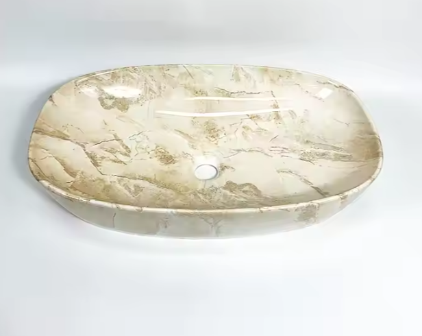 Rectangular Marble-Patterned Vessel Sink – Elegant Bathroom Basin with Natural Stone Aesthetic and Glossy Finish for Modern Vanity Countertops