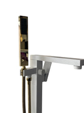 Load image into Gallery viewer, Luxurious White and Gold Freestanding Bathtub Faucet with Waterfall Spout and Handheld Shower for Modern Bathroom Elegance, Durability, and Style