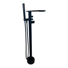 Load image into Gallery viewer, Matte Black Freestanding Bathtub Faucet with Minimalist Design, Sleek Waterfall Spout, Handheld Shower, and Modern Round Base for Contemporary Bathroom Aesthetics