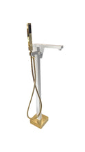 Load image into Gallery viewer, Luxurious White and Gold Freestanding Bathtub Faucet with Waterfall Spout and Handheld Shower for Modern Bathroom Elegance, Durability, and Style