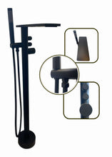 Load image into Gallery viewer, Matte Black Freestanding Bathtub Faucet with Minimalist Design, Sleek Waterfall Spout, Handheld Shower, and Modern Round Base for Contemporary Bathroom Aesthetics