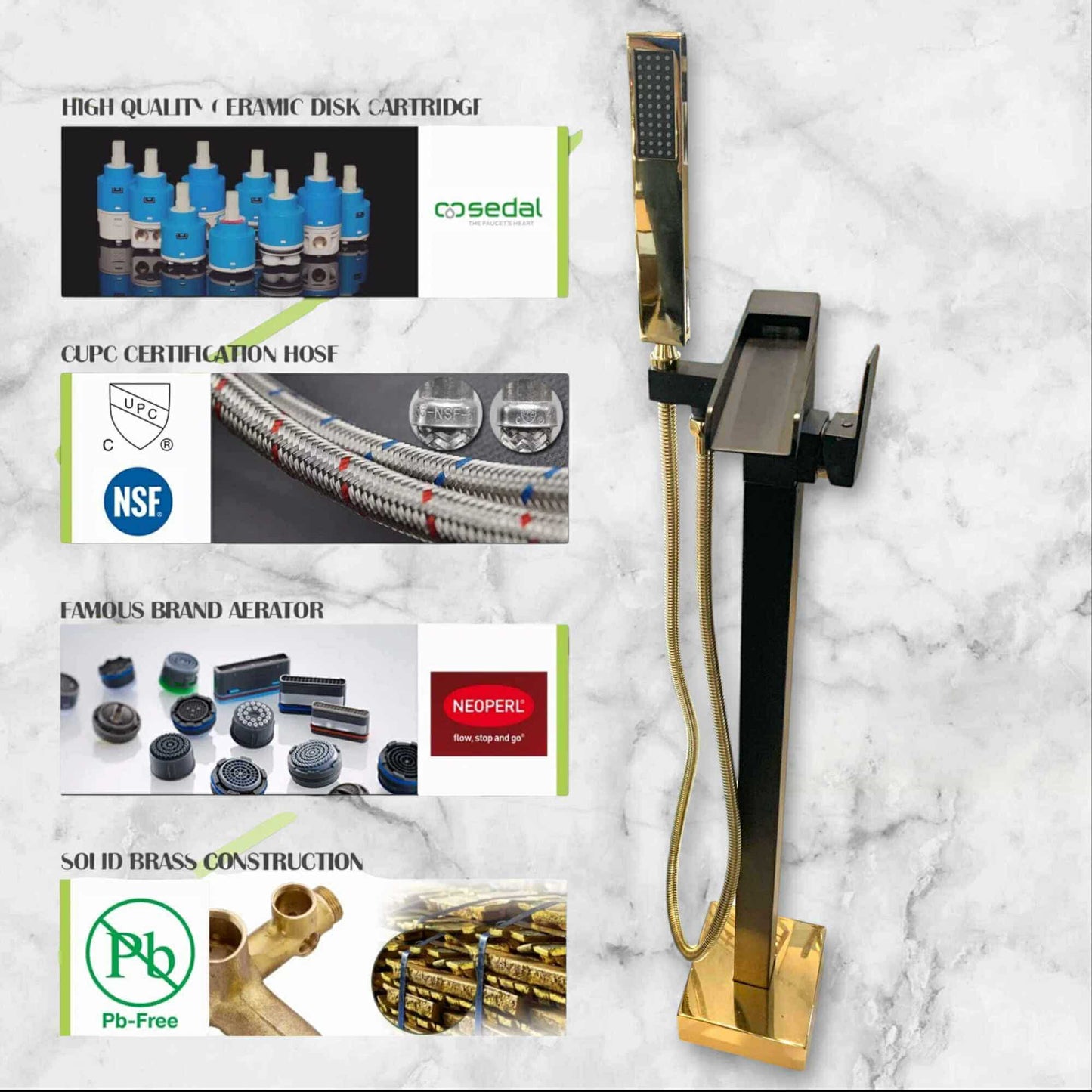 Elegant Black and Gold Freestanding Bathtub Faucet with Waterfall Spout and Handheld Shower – Stylish and Durable Design for Modern Bathroom Spaces