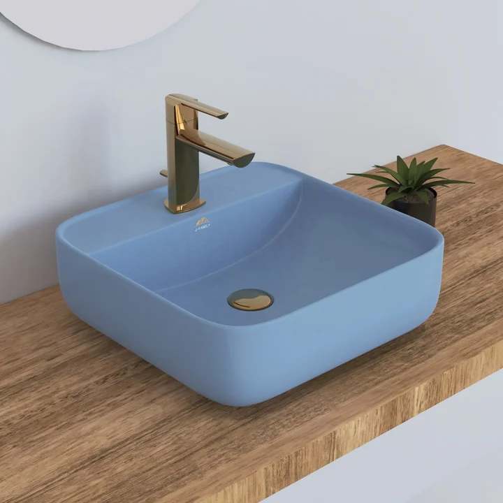 Modern Light Blue Square Porcelain Basin – Luxury Countertop Bathroom Sink for Home, Villa, and Hotel