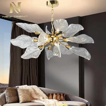 Загрузить изображение в средство просмотра галереи, Modern Leaf Glass Chandelier – Gold Pendant Light with Clear & Smoke-Tinted Leaves for Living Room, Dining Room, or Villa