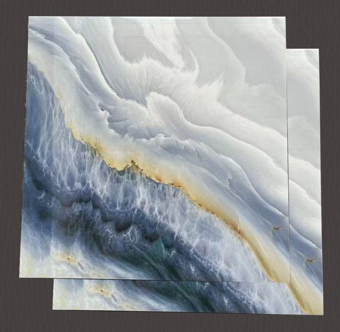 Arctic Veins Elegance – 60x60cm High-Gloss Electroplated Porcelain Tile Inspired by Natural Marble, Featuring Flowing Icy White and Deep Ocean Blue Veins with Subtle Golden Highlights for Sophisticated Interior Spaces