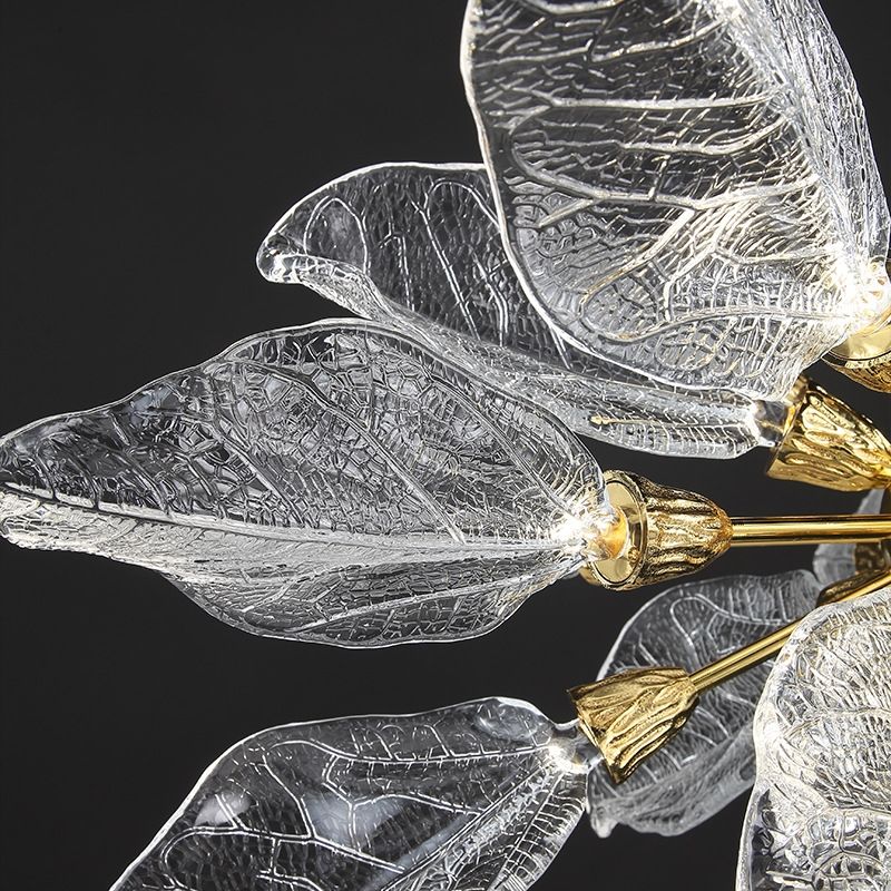 Modern Leaf Glass Chandelier – Gold Pendant Light with Clear & Smoke-Tinted Leaves for Living Room, Dining Room, or Villa