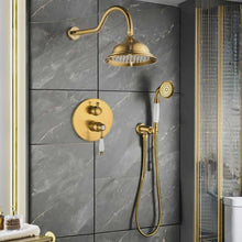 Charger l'image dans la galerie, Classic Gold Antique Wall Mounted Brass Bath Shower Set 2-Function Concealed Bathroom Rainfall Shower Gold Chrome Ceramic